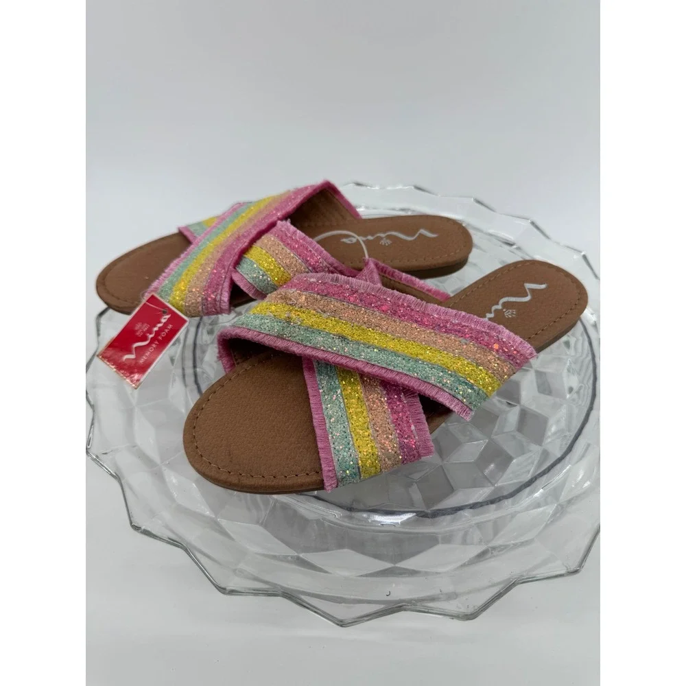 Nina Kids Rainbow Glitter Fringe Slide Sandals Pink Multi K200265 Size 4M NEW